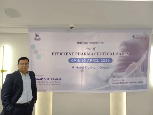 Trainer Wahiduz Zaman standing in front of pharmaceutical sales training banner at Hotel Platinum Grand Dhaka
